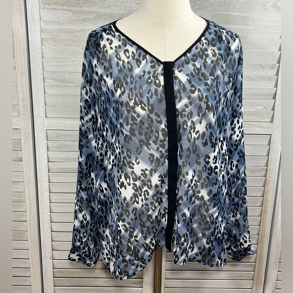 CABI Semi Sheer Blouse Plaid/Cheetah Blue Black White-Medium - Picture 1 of 3
